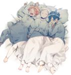  1girl 2boys ahoge arm_up barefoot bed bed_sheet black_hair blanket blush closed_mouth collar collared_shirt commentary_request emma_(yakusoku_no_neverland) facing_viewer from_above from_side full_body hand_on_own_stomach highres light long_sleeves lying multiple_boys neck_tattoo norman_(yakusoku_no_neverland) number_tattoo on_back on_side open_mouth orange_hair pants parted_lips pillow ray_(yakusoku_no_neverland) shadow shirt short_hair silver_hair simple_background smile tattoo thick_eyebrows white_pants white_shirt yakusoku_no_neverland yala1453 