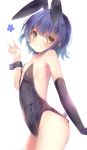  1girl animal_ears bangs bare_shoulders black_gloves black_leotard blue_hair blush breasts brown_eyes bunny_ears bunny_girl bunny_tail bunnysuit commentary_request elbow_gloves eyebrows_visible_through_hair fake_animal_ears gloves gochuumon_wa_usagi_desu_ka? grin hair_between_eyes hand_up highres jouga_maya leotard na!?_(naxtuyasai) simple_background single_glove small_breasts smile solo star_(symbol) strapless strapless_leotard tail v white_background wrist_cuffs 