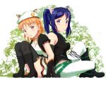  2girls animal_ears animal_print b.ren back-to-back boots full_body green_background love_live! love_live!_sunshine!! matsuura_kanan multiple_girls plant sitting takami_chika tiger_ears tiger_print twilight_tiger 