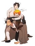  1girl 2boys ahoge angry bangs beard black_eyes black_gloves black_hair black_pants blush boots brown_coat brown_footwear checkered checkered_vest closed_eyes closed_mouth coat collar collarbone collared_shirt commentary_request emma_(yakusoku_no_neverland) facial_hair full_body gloves hair_over_one_eye highres holding holding_another&#039;s_arm holding_hair hq_khetc long_sleeves looking_at_another looking_away multicolored_hair multiple_boys open_clothes open_mouth orange_hair pants ray_(yakusoku_no_neverland) shirt shoelaces shoes short_hair simple_background single_glove sitting sitting_on_person smile teeth translation_request two-tone_hair vest white_background white_hair white_shirt yakusoku_no_neverland yuugo_(yakusoku_no_neverland) 