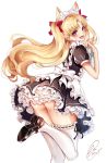  1girl alternate_costume animal_ears ass black_dress black_footwear blonde_hair blue_footwear blush bow cat_ears chiachun0621 commentary_request dress enmaided ereshkigal_(fate/grand_order) fate/grand_order fate_(series) frills hair_bow highres long_hair looking_at_viewer looking_back maid maid_headdress open_mouth puffy_short_sleeves puffy_sleeves red_bow red_eyes short_sleeves signature simple_background smile solo thighhighs tray two_side_up white_background white_legwear 