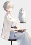  1girl absurdres bag belt bird blue_eyes breasts chanel cleavage dress earrings eyebrows green_eyes grey_hair handbag highres jewelry large_breasts looking_at_viewer multicolored multicolored_eyes necklace original owl parted_lips pigonhae short_hair sitting smile solo stool white_dress 