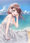  1girl beach blue_sky blush brown_hair cloud day dress eyebrows_visible_through_hair green_eyes hanako151 hand_up headphones highres long_hair ocean off_shoulder original outdoors sky smile solo standing sundress upper_teeth water white_dress 