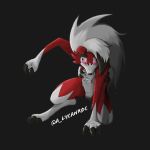  1:1 2020 ambiguous_gender anthro better_version_at_source black_background black_claws black_nose claws fur glowing glowing_eyes hair looking_at_viewer lycanroc midnight_lycanroc nintendo pink_eyes pok&eacute;mon pok&eacute;mon_(species) pose red_body red_fur reviwolfe simple_background toe_claws video_games white_body white_fur white_hair 