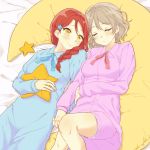  2girls azuma_(no488888) blue_pajamas blush braid closed_eyes grey_hair highres long_hair long_sleeves love_live! love_live!_sunshine!! moon multiple_girls pajamas pink_pajamas red_hair sakurauchi_riko single_braid sleeping smile star_(symbol) watanabe_you yellow_eyes 