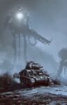  absurdres commentary english_commentary fog giant glowing grass ground_vehicle gun highres holding holding_gun holding_weapon kalmahul m4_sherman mecha military military_vehicle motor_vehicle night night_sky no_humans original outdoors path sky tank tree weapon 