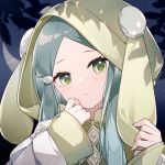  1girl :&lt; animal_ears animal_hood bangs blush bunny_ears bunny_hood closed_mouth commentary_request crying crying_with_eyes_open duel_monster eta evening_crescent_&amp;_autumn_shower fake_animal_ears green_eyes green_hair green_robe head_tilt hood hood_up hooded_robe long_hair long_sleeves parted_bangs sleeves_past_wrists solo tears upper_body wide_sleeves yuu-gi-ou 