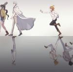  2boys 2girls ahoge arms_behind_back backpack bag bangs barbara_(yakusoku_no_neverland) black_footwear black_hair black_pants blurry boots brown_legwear cardigan cloak closed_mouth collar collared_shirt commentary_request emma_(yakusoku_no_neverland) from_side full_body grey_background grey_eyes grey_hair hair_over_one_eye highres leather leather_boots long_sleeves looking_at_another looking_away mirror_image mirrored multiple_boys multiple_girls norman_(yakusoku_no_neverland) open_mouth orange_hair pants ponytail ray_(yakusoku_no_neverland) running shidomura shirt shoelaces shoes short_hair shorts simple_background smile standing uniform upside-down walking white_backpack white_cardigan white_cloak white_pants white_shirt yakusoku_no_neverland 