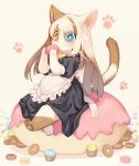  1girl animal_ears apron barefoot black_dress blonde_hair cake cat_ears cat_tail doughnut dress eating food furry heterochromia highres long_hair macaron maid original oversized_food paws simple_background sitting solo tail waist_apron white_apron white_background 