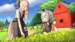  2girls ^_^ ame. apron arknights blonde_hair carol_(arknights) carrot choker closed_eyes commentary day farm farming fence grani_(arknights) highres long_hair multiple_girls outdoors overalls ponytail silver_hair sky tree 