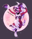  2020 3_fingers 3_toes ambiguous_gender anthro better_version_at_source black_nose bodily_fluids claws fingers full_moon fur glowing glowing_eyes hair hi_res jumping lycanroc midnight_lycanroc moon nintendo open_mouth pink_eyes pink_tongue pok&eacute;mon pok&eacute;mon_(species) red_body red_fur saliva sharp_teeth solo star steg0saur teeth toe_claws toes tongue video_games white_body white_fur white_hair 
