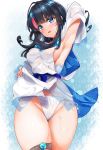  1girl arm_behind_head arm_up armpits bangs bare_shoulders black_hair blue_eyes blue_ribbon blush breasts dress dress_lift fate/grand_order fate/requiem fate_(series) fundoshi highres hinata_sora japanese_clothes jewelry large_breasts long_sleeves looking_at_viewer magatama magatama_hair_ornament medium_hair multicolored_hair necklace open_mouth pelvic_curtain pink_hair puffy_long_sleeves puffy_sleeves ribbon short_dress sideboob sideless_outfit streaked_hair thighs utsumi_erise wet white_dress 