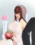  1boy 1girl asymmetrical_clothes bare_shoulders bouquet breasts bridal_veil bride brown_eyes brown_hair covered_nipples dress flower frills from_above groom hair_between_eyes highres holding holding_another&#039;s_arm holding_bouquet jewelry large_breasts last_origin leotard long_hair looking_to_the_side moebell navel navel_cutout necklace open_mouth revealing_clothes royal_arsenal sidelocks solo_focus tiara tuxedo veil wedding wedding_dress white_dress 