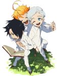  1girl 2boys ;d ahoge black_eyes black_hair blue_eyes book boots brown_footwear closed_eyes collar collared_shirt commentary_request emma_(yakusoku_no_neverland) from_above grass hair_over_one_eye highres holding holding_book holding_hands light long_sleeves looking_at_another multiple_boys norman_(yakusoku_no_neverland) one_eye_closed open_mouth orange_hair oushimaru outdoors pants ray_(yakusoku_no_neverland) shirt shoes short_hair simple_background smile teeth thick_eyebrows white_background white_hair white_pants white_shirt yakusoku_no_neverland 