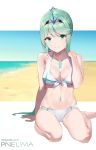  1girl beach bikini bikini_bottom bikini_top blue_sky green_eyes green_hair hair_ornament highres jewelry long_hair ocean pneuma_(xenoblade_2) rubbing_neck seiza sitting sky smile swimsuit wet white_bikini xenoblade_(series) xenoblade_2 