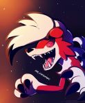 2020 3_fingers anthro better_version_at_source black_claws black_nose claws fangs fingers fur hair low_res lycanroc midnight_lycanroc nintendo open_mouth pok&eacute;mon pok&eacute;mon_(species) red_body red_eyes red_fur saccharinerose sharp_teeth signature teeth tongue video_games white_body white_fur white_hair 