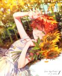  1girl ahoge arm_up bangs bare_shoulders character_name commentary_request dated day dress emma_(yakusoku_no_neverland) english_text eyebrows_visible_through_hair flower green_eyes hand_on_own_chest happy_birthday highres light lips looking_at_viewer lying on_back orange_hair outdoors parted_lips shaded_face short_hair sleeveless sleeveless_dress smile solo sunflower sunlight upper_body white_dress yakusoku_no_neverland yala1453 yellow_flower 