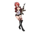  1girl aiguillette assault_rifle asymmetrical_hair bangs belt black_footwear black_gloves black_shorts blazer boots breasts brown_legwear cleavage cropped_jacket crossover eyebrows_visible_through_hair full_body girls_frontline gloves gun half_gloves high_heel_boots high_heels holding holding_gun holding_weapon honkai_(series) infukun jacket knee_boots looking_at_viewer medium_breasts mole mole_on_breast murata_himeko official_art open_blazer open_clothes open_jacket parted_lips red_hair rifle shadow short_shorts shorts sleeves_rolled_up solo thigh_strap thighhighs torn_clothes torn_legwear transparent_background weapon yellow_eyes 