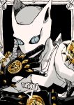  1boy animal_ears bandaged_fingers bandages black_gloves blue_eyes cat_ears collarbone glint gloves gold hand_on_own_face hatching_(texture) jojo_no_kimyou_na_bouken killer_queen sahau228 sketch slit_pupils solo stand_(jojo) upper_body 