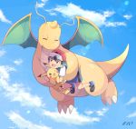  1boy :d baseball_cap black_hair blue_shorts blue_sky carrying closed_eyes cloud cloudy_sky commentary_request creature dragon dragonite episode_number flying gen_1_pokemon hat highres holding holding_pokemon looking_at_another mei_(maysroom) no_socks number one_eye_closed open_mouth pikachu pokemon pokemon_(anime) pokemon_(creature) pokemon_swsh_(anime) red_headwear satoshi_(pokemon) shirt shoes shorts signature sky smile upper_teeth white_shirt 