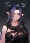  1girl absurdres black_cape breasts cape cleavage closed_mouth dragon_horns facial_mark grey_background highres horns large_breasts long_hair looking_at_viewer multiple_horns neonbeat original purple_eyes purple_hair single_horn solo upper_body 