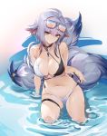  1girl absurdres ahoge arm_support azur_lane black_choker breasts brown_eyes brown_hair choker cleavage closed_mouth collarbone earrings eyewear_on_head groin head_tilt highres jewelry large_breasts leaning_to_the_side looking_at_viewer multiple_tails navel purple_hair shallow_water short_hair sidelocks silver sitting solo star_(symbol) stomach sunglasses tail tail_ornament thigh_strap tosa_(azur_lane) tosa_(hometown_zest)_(azur_lane) two-tone_bikini water wucanming yokozuwari 