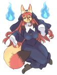  2020 3:4 anthro big_breasts blush breasts canid canine clothed clothing ear)tuft female fluffy fluffy_tail footwear fox fully_clothed fur hair hi_res kemono long_hair looking_at_viewer mammal nobox05 nun open_mouth open_smile red_eyes red_hair shoes simple_background smile snout solo white_background yellow_body yellow_fur 