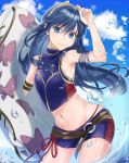  1girl bare_shoulders blonde_hair blue_eyes blue_hair breasts closed_mouth cloud day eyes_visible_through_hair fire_emblem fire_emblem_awakening hairband haru_(nakajou-28) highres long_hair looking_at_viewer lucina_(fire_emblem) midriff navel outdoors shorts sky sleeveless small_breasts solo stomach swimsuit water 