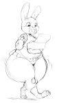  2016 anthro belly belly_overhang belt big_belly breasts clothed clothing disney doughnut eating female food hi_res huge_thighs judy_hopps lagomorph leporid mammal monochrome obese obese_female overweight overweight_female rabbit simple_background solo thick_thighs trinity-fate62 walking weight_gain wide_hips zootopia 