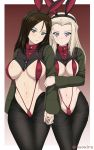  2girls animal_ears black_hair black_legwear blonde_hair blush border breasts bunny_ears bunny_girl cameltoe clara_(girls_und_panzer) cleavage closed_mouth covered_nipples fake_animal_ears girls_und_panzer gradient gradient_background highres holding_hands inoshira large_breasts looking_at_viewer meme_attire multiple_girls navel nonna_(girls_und_panzer) open_mouth pantyhose pravda_military_uniform red_background reverse_bunnysuit reverse_outfit shiny shiny_hair simple_background slingshot_swimsuit swimsuit swimwear uniform white_border 