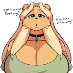  1:1 amara_(jwinkz) anthro big_breasts blonde_hair blue_eyes breasts cheek_tuft choker cleavage clothed clothing dialogue english_text facial_tuft female hair hi_res huge_breasts jewelry jwinkz mammal necklace solo talking_to_viewer text tuft unseen_character ursid 