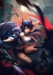  1girl action arknights black_gloves black_shorts blue_hair blue_jacket blurry breasts ch&#039;en_(arknights) chinese_commentary closed_mouth collared_shirt cowboy_shot depth_of_field dragon_horns dragon_tail dual_wielding feng_you gloves gun holding holding_sword holding_weapon horns jacket knee_pads long_hair looking_at_viewer medium_breasts midriff name_tag navel necktie open_clothes open_jacket outdoors purple_eyes shin_guards shirt short_shorts shorts single_glove sleeveless sleeveless_shirt solo sword tail thighs twintails weapon white_shirt wing_collar yellow_neckwear 