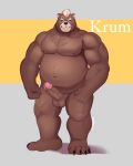  2020 anthro balls barmaku belly brown_body brown_fur erection fur genitals hi_res humanoid_hands male mammal moobs navel nipples overweight overweight_male penis simple_background solo text ursid 