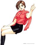  1990s_(style) 1996 1girl black_skirt blue_eyes boots brown_hair copyright dated earrings heart heart_earrings heart_necklace highres invisible_chair jewelry knee_boots looking_at_viewer open_mouth outstretched_arm partially_unbuttoned pc_engine_fan pencil_skirt short_hair short_sleeves side_slit simple_background sitting skirt solo sweater_around_neck takada_akemi thumbs_up white_background 