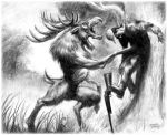 2007 alces_(chronicles_of_darkness) brian_leblanc capreoline cervid chronicles_of_darkness greyscale gun human male mammal monochrome open_mouth ranged_weapon rifle signature teeth violence weapon were werecapreoline werecervid weremoose werewolf_the_forsaken white_wolf_publishing 