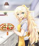  1girl apron aqua_eyes blonde_hair blush eyebrows_visible_through_hair food girls_frontline highres long_hair messy_hair nakaryo0404 open_mouth pizza s.a.t.8_(girls_frontline) smile solo very_long_hair 