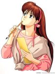  1990s_(style) 1996 1girl black_eyes copyright dated hair_ribbon highres holding holding_paintbrush long_hair looking_up paintbrush pc_engine_fan red_hair ribbon simple_background solo sweater sweater_around_neck takada_akemi white_background 