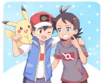  2boys :3 ;d arm_around_shoulder baseball_cap black_hair black_shirt blue_background blue_eyes blue_jacket blue_shorts brown_eyes commentary_request dark_skin dark_skinned_male episode_number gen_1_pokemon gou_(pokemon) grin hat highres jacket looking_at_another mei_(maysroom) multiple_boys number on_shoulder one_eye_closed open_mouth pikachu pokemon pokemon_(anime) pokemon_(creature) pokemon_on_shoulder pokemon_swsh_(anime) polka_dot polka_dot_background red_headwear satoshi_(pokemon) shirt shorts signature smile white_shirt 