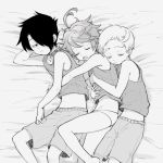  1girl 2boys ahoge bed bed_sheet black_hair closed_eyes closed_mouth commentary_request daidaiika emma_(yakusoku_no_neverland) from_above from_side hair_over_one_eye hug hug_from_behind looking_at_another lying monochrome multiple_boys neck_tattoo norman_(yakusoku_no_neverland) number_tattoo open_mouth panties ray_(yakusoku_no_neverland) shirt short_hair shorts sleeping sleeveless sleeveless_shirt stomach tattoo thick_eyebrows underwear white_hair white_panties yakusoku_no_neverland 
