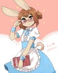  2018 5_fingers anthro book breasts brown_eyes brown_hair clothed clothing dress english_text female fingers fully_clothed hair kemono lagomorph leporid looking_at_viewer mammal nobox05 rabbit simple_background small_breasts smile solo standing text 