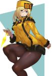  1girl alternate_hair_length alternate_hairstyle ashiomi_masato blonde_hair blue_eyes brown_legwear coat commentary_request fingerless_gloves gloves guilty_gear guilty_gear_xrd hat kunai long_sleeves millia_rage pantyhose short_hair solo weapon white_gloves yellow_coat yellow_headwear 