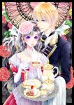  1boy 1girl argyle argyle_background black_hair black_neckwear blonde_hair blue_eyes cake cookie cup dress fantasy flower food gloves hair_flower hair_ornament hand_in_another&#039;s_hair hand_up holding holding_cup jewelry long_hair long_sleeves necklace plate purple_eyes slice_of_cake standing teacup teapot teaspoon tenma_ako tray white_gloves 