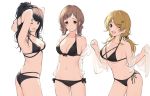  3girls ;d armpits arms_behind_back arms_up ass bangs bikini black_bikini black_eyes black_hair blonde_hair blue_eyes blush braid breasts brown_eyes brown_hair cleavage closed_mouth collarbone commentary cowboy_shot english_commentary eyebrows_visible_through_hair gin00 hachimiya_meguru hair_ornament hairclip idolmaster idolmaster_shiny_colors illumination_stars kazano_hiori long_hair looking_at_viewer medium_breasts medium_hair midriff mole mole_under_mouth multiple_girls navel one_eye_closed open_mouth parted_bangs ponytail sakuragi_mano see-through shawl side_braids sideboob simple_background smile swimsuit thighs twin_braids twintails underboob white_background 