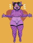  absurd_res anthro areola belly black_hair blue_highlights bodily_fluids bottomless breasts catty_(undertale) chubby_female clitoris clothed clothing domestic_cat fangs felid feline felis female fishnet fishnet_legwear fishnet_topwear freckles fur gabbah genital_fluids genitals hair hi_res highlights_(coloring) legwear mammal mostly_nude navel nipples open_mouth open_smile pink_highlights purple_body purple_fur pussy pussy_juice shaved_pussy short_hair simple_background slightly_chubby smile solo standing sweat undertale video_games yellow_sclera 