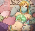  1boy alternate_costume bare_shoulders blonde_hair blue_eyes collarbone crossdressing detached_sleeves english_text gerudo_link haru_(nakajou-28) link looking_at_viewer male_focus mask midriff mouth_veil navel otoko_no_ko pillow see-through sitting solo stomach the_legend_of_zelda the_legend_of_zelda:_breath_of_the_wild typo veil 
