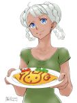  1girl absurdres aobito_sukayaka_bystander bangs blue_eyes braid braided_bun dark_skin dated double_bun facial_mark food forehead_mark green_shirt gundam gundam_g_no_reconguista hair_rings highres looking_at_viewer omurice raraiya_monday shirt short_hair silver_hair simple_background solo standing swept_bangs upper_body white_background 