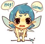  1girl angry artist_name black_eyes blue_hair blush_stickers dress fairy floating holding holding_wand looking_at_viewer medium_hair navi onisuu open_mouth pointy_ears solo sparkling_eyes speech_bubble tagme talking the_legend_of_zelda the_legend_of_zelda:_ocarina_of_time upper_teeth wand white_background white_dress 