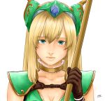  1girl blonde_hair breasts cleavage closed_mouth gloves helmet highres long_hair looking_at_viewer riesz seiken_densetsu seiken_densetsu_3 simple_background solo very_long_hair weapon white_background winged_helmet 
