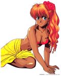  1990s_(style) 1996 1girl arm_support bikini bikini_top blue_eyes copyright dark_skin dated flower hair_flower hair_ornament hibiscus high_ponytail highres lipstick long_hair makeup orange_hair pc_engine_fan sarong simple_background solo swimsuit takada_akemi white_background 