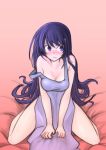  1girl absurdres apron blush breasts embarrassed frown furniture grisaia_(series) grisaia_no_kajitsu highres long_hair looking_to_the_side medium_breasts naked_apron purple_apron purple_eyes purple_hair sakaki_yumiko sitting strap_slip thighs wariza 